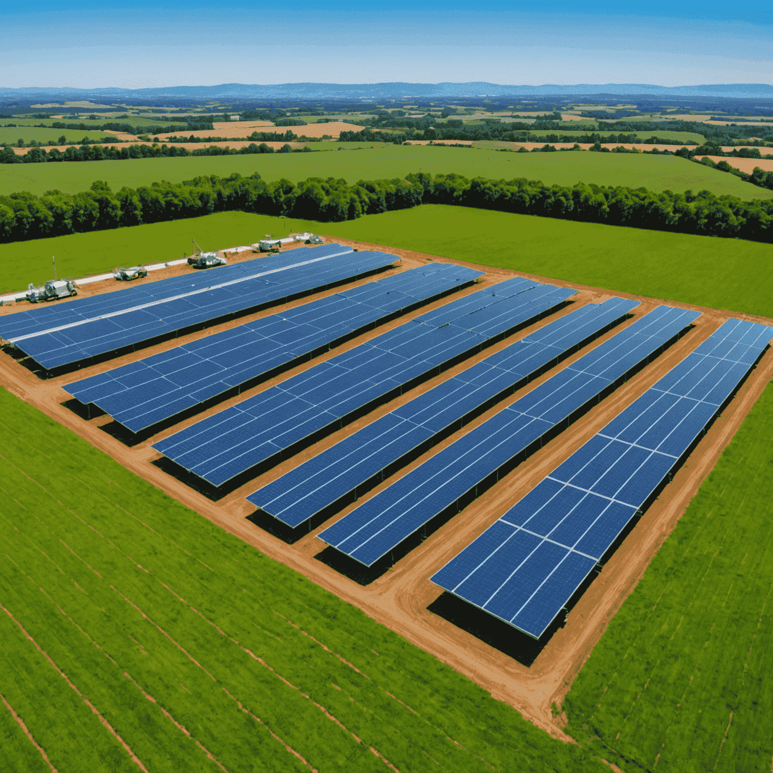 Ein Solarpanel-Feld unter einem strahlend blauen Himmel, umgeben von grüner Landschaft. Im Vordergrund sind Mitarbeiter von SolarisFlow zu sehen, die an der Installation neuer Panels arbeiten.