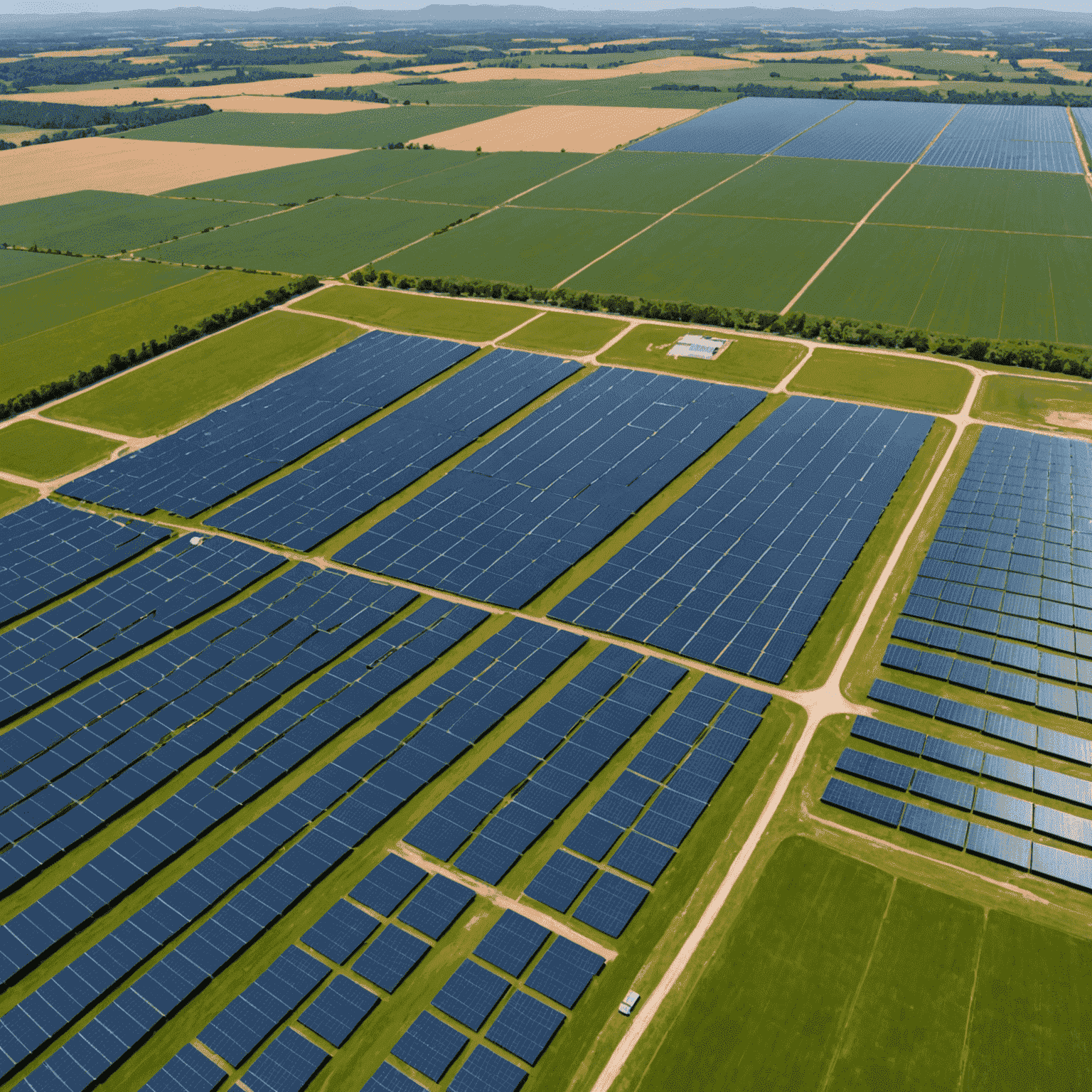 Eine Luftaufnahme eines großen Solarparks mit Tausenden von Solarmodulen, die das Sonnenlicht einfangen. Im Hintergrund sind grüne Hügel und ein klarer blauer Himmel zu sehen.