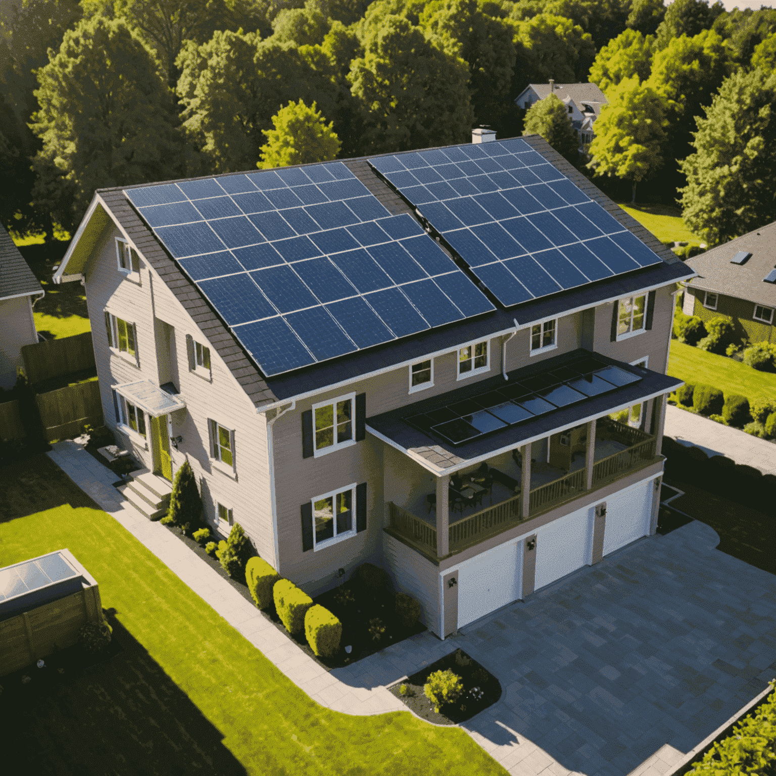 Eine Reihe von Solarmodulen auf einem Hausdach, die das Sonnenlicht einfangen und in Energie umwandeln