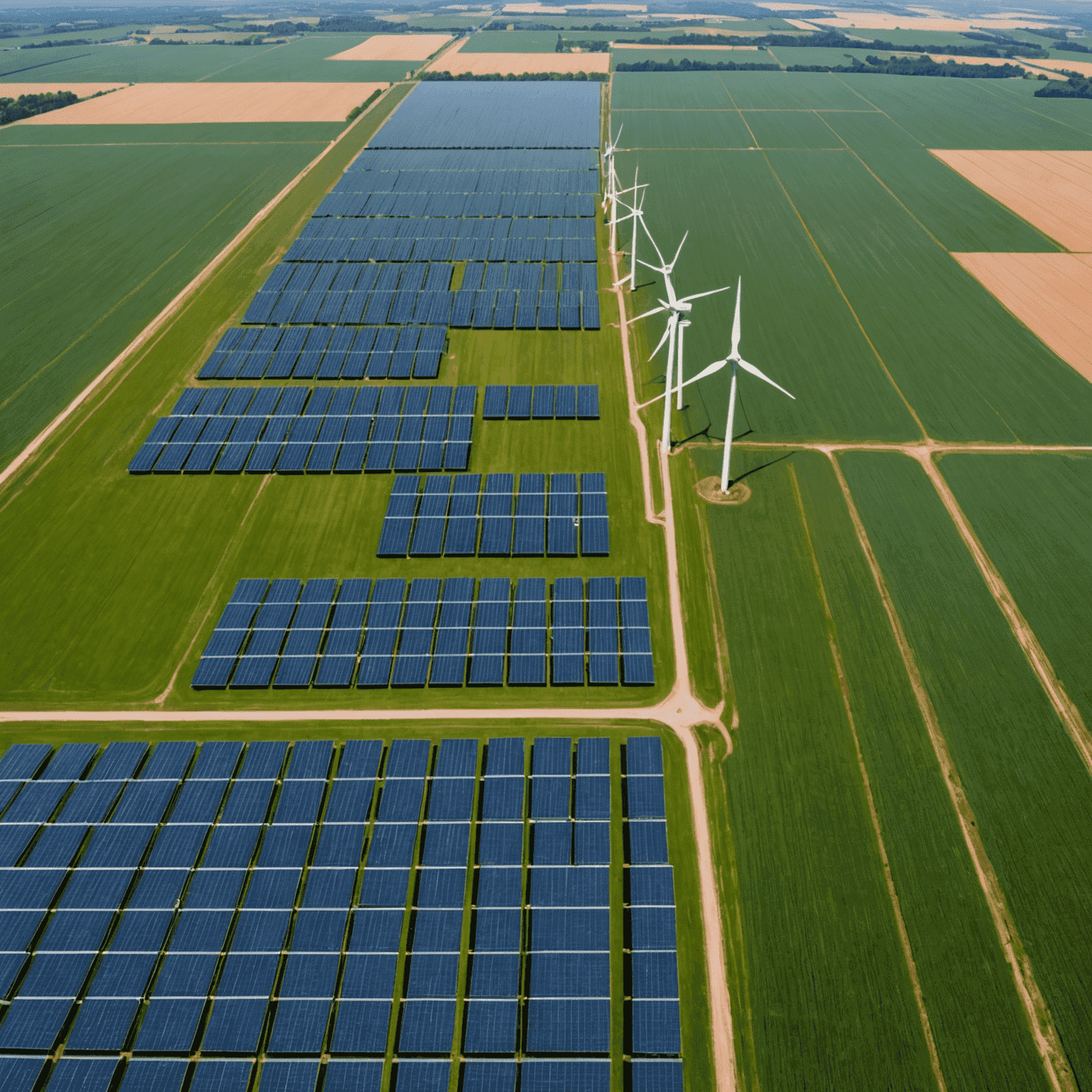 Luftaufnahme eines großen Solarparks in Deutschland mit Windrädern im Hintergrund, die die Kombination von Solarenergie und Windkraft zeigen