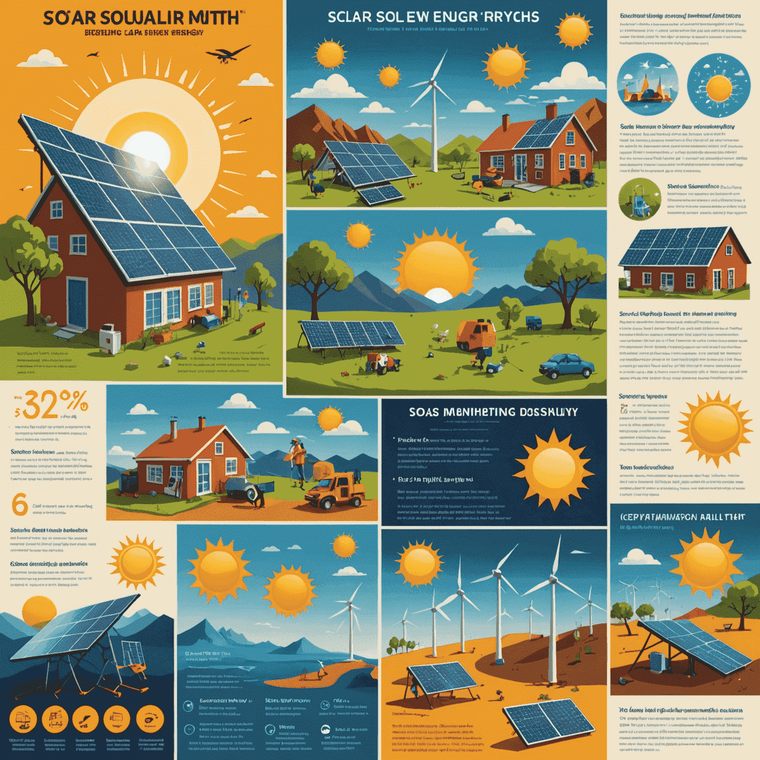 Eine Collage, die verschiedene Solarenergie-Mythen und deren Widerlegungen zeigt. Auf der linken Seite sind Illustrationen von gängigen Missverständnissen zu sehen, während auf der rechten Seite die entsprechenden Fakten dargestellt sind.