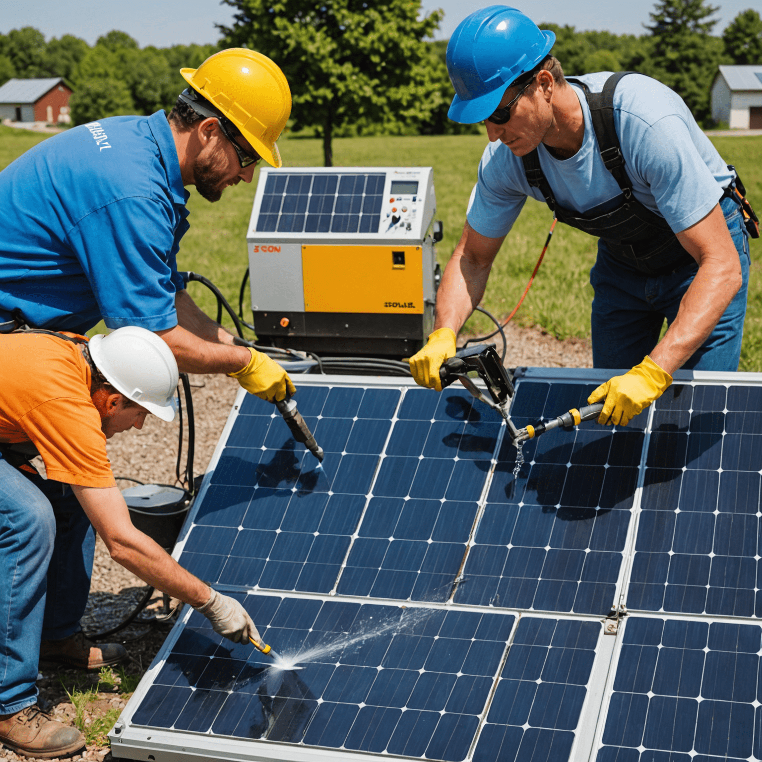 Ein Split-Screen-Bild: Links eine Person, die komplizierte Wartungsarbeiten an einer Maschine durchführt, rechts ein einfaches Solarmodul, das von einer Person mit einem Wasserstrahl gereinigt wird, um den geringen Wartungsaufwand zu verdeutlichen.