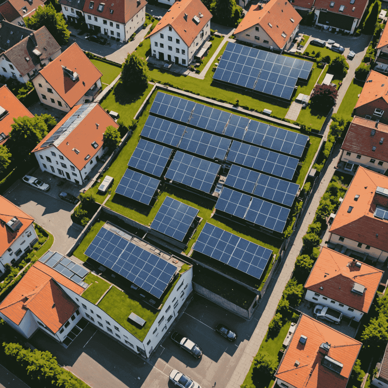 Eine Luftaufnahme deutscher Dächer mit zahlreichen Solaranlagen, die die Führungsrolle des Landes in der grünen Energie symbolisieren