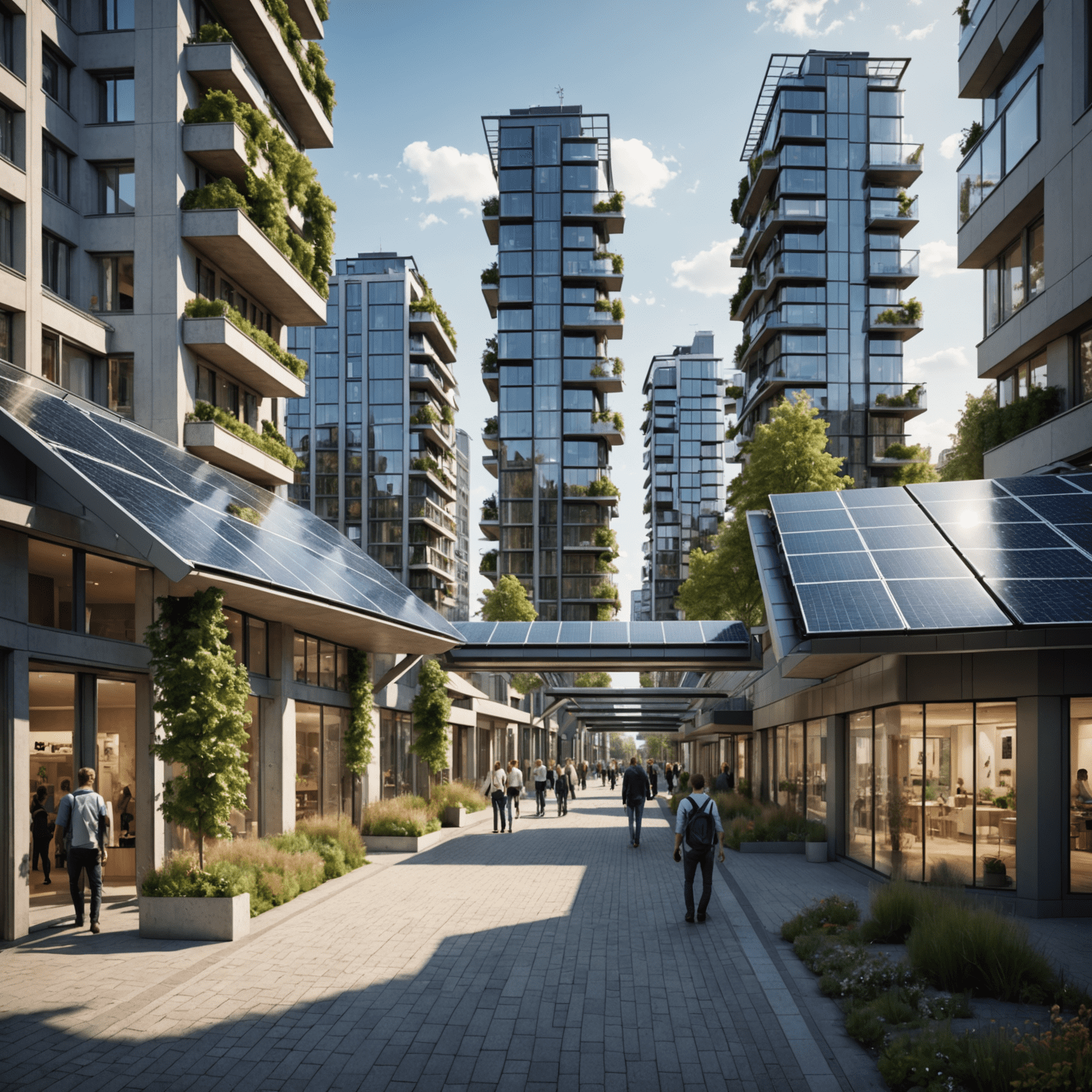 Futuristische Darstellung einer deutschen Stadt mit integrierten Solarpanelen in Gebäuden, Straßen und öffentlichen Räumen